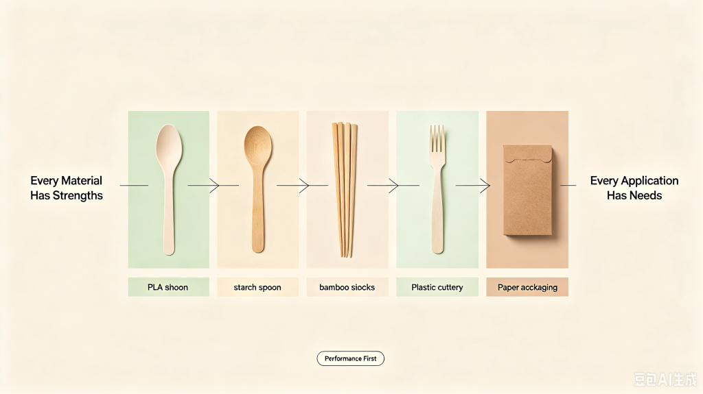 Disposable tableware application matrix showing recommended solutions for dessert shops, takeaway, catering and restaurants.