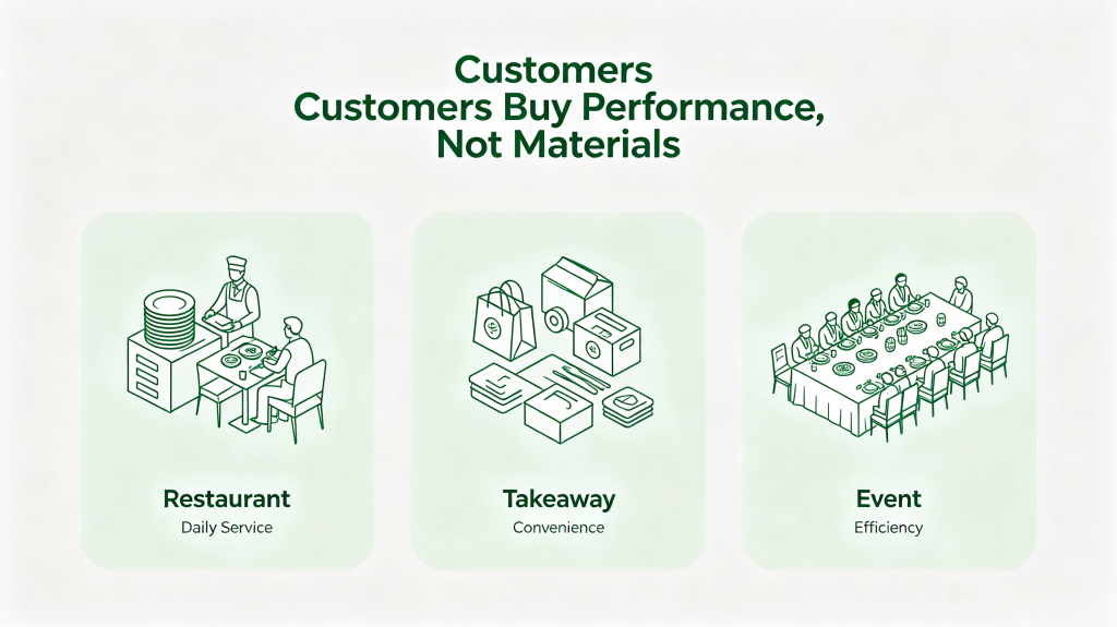 Three foodservice scenarios: restaurant daily service, takeaway convenience and event efficiency with disposable tableware.
