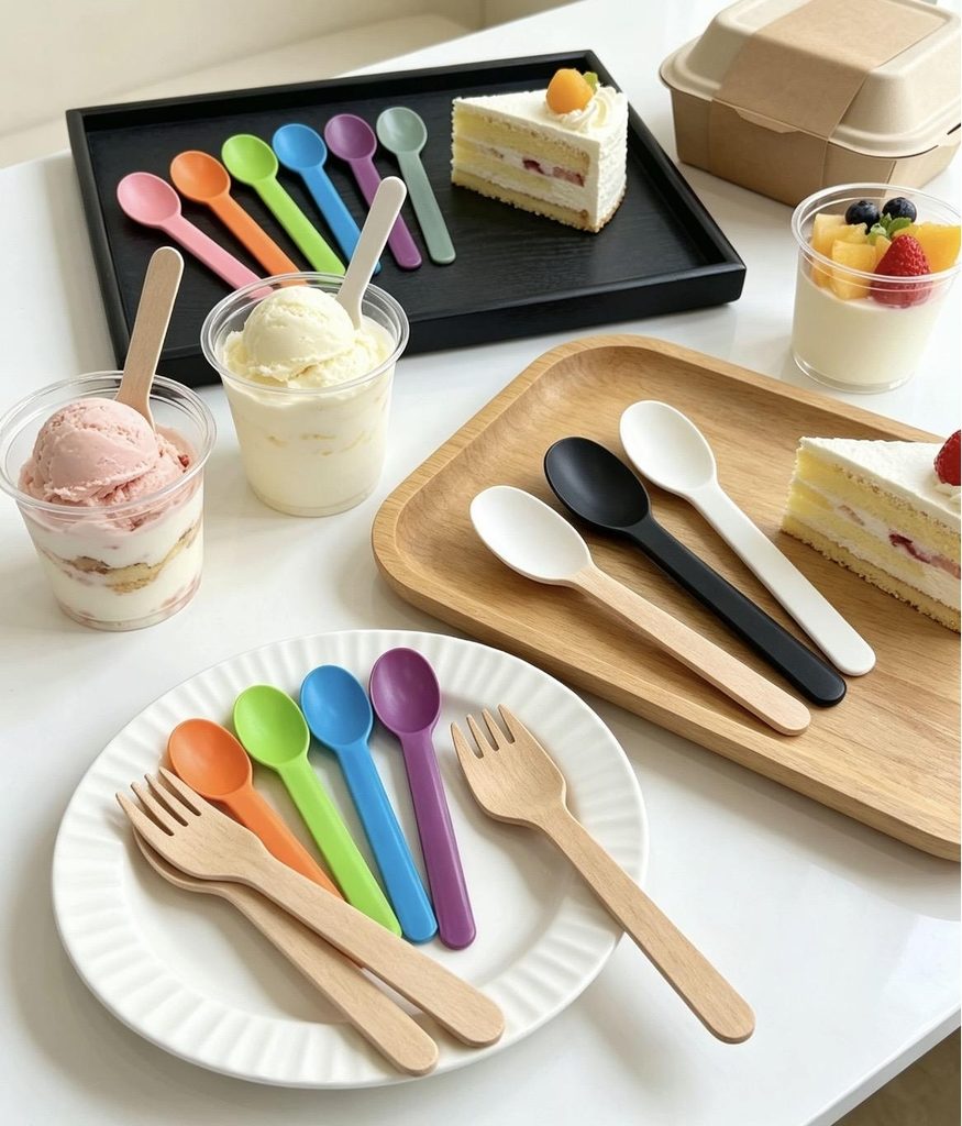 Here is our full range of disposable dessert spoons, including round plastic, flat plastic and natural wooden spoons. Choose suitable styles based on your dessert menu.