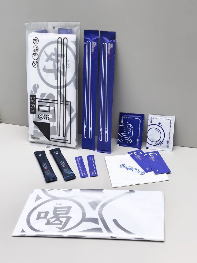 Customized complete dining kits, including individually wrapped cutlery, napkins, wet wipes, toothpicks, dental floss, mouthwash, tablecloths, and more.
