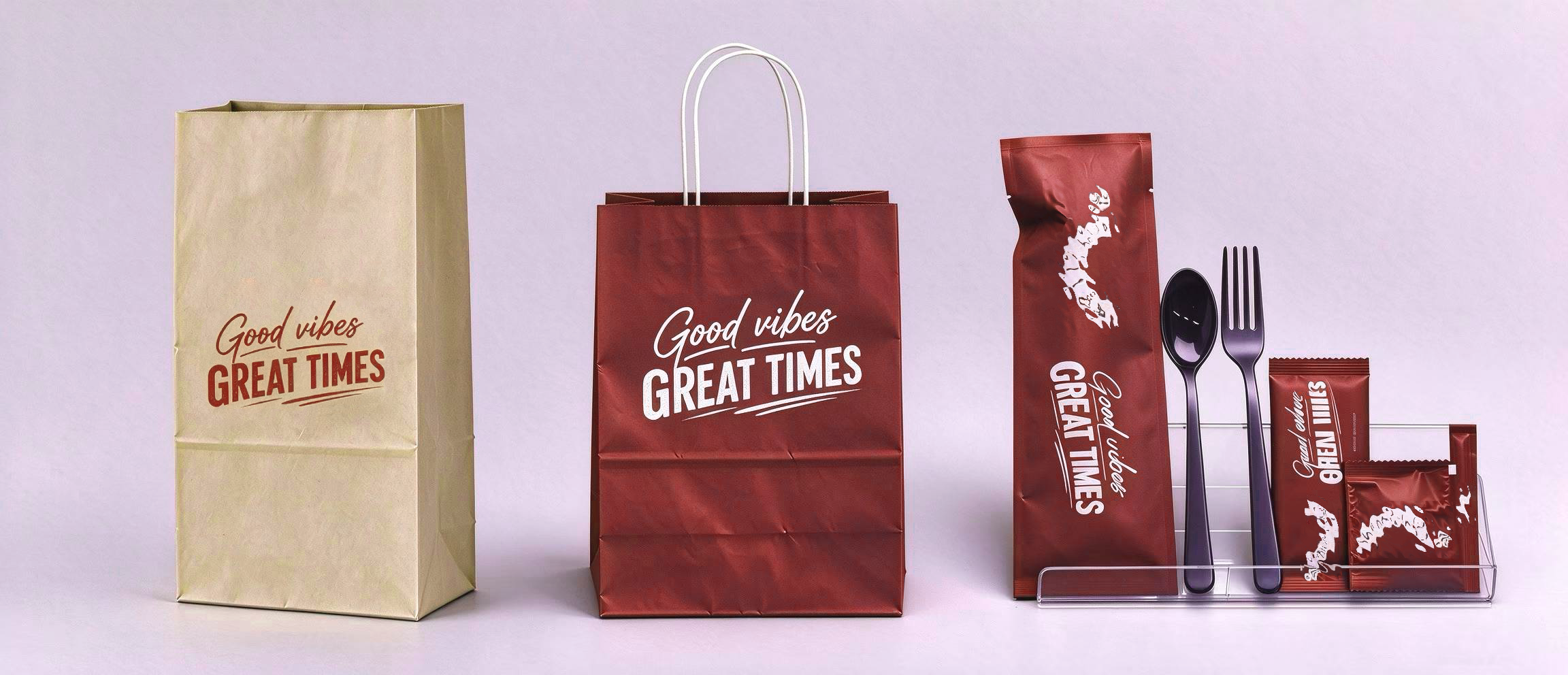 Customized foodservice packaging set featuring a cutlery kit, kraft paper carry bag, flat bags, wet wipes, gloves, and toothpicks, illustrating a one-stop solution for restaurant packaging needs.